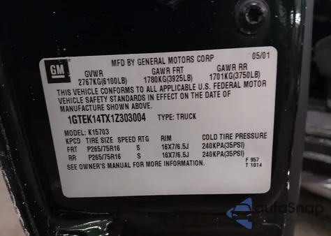 2001 GMC Sierra 1500 Sle z USA, uszkodzony, nr VIN 1GTEK14TX1Z303004